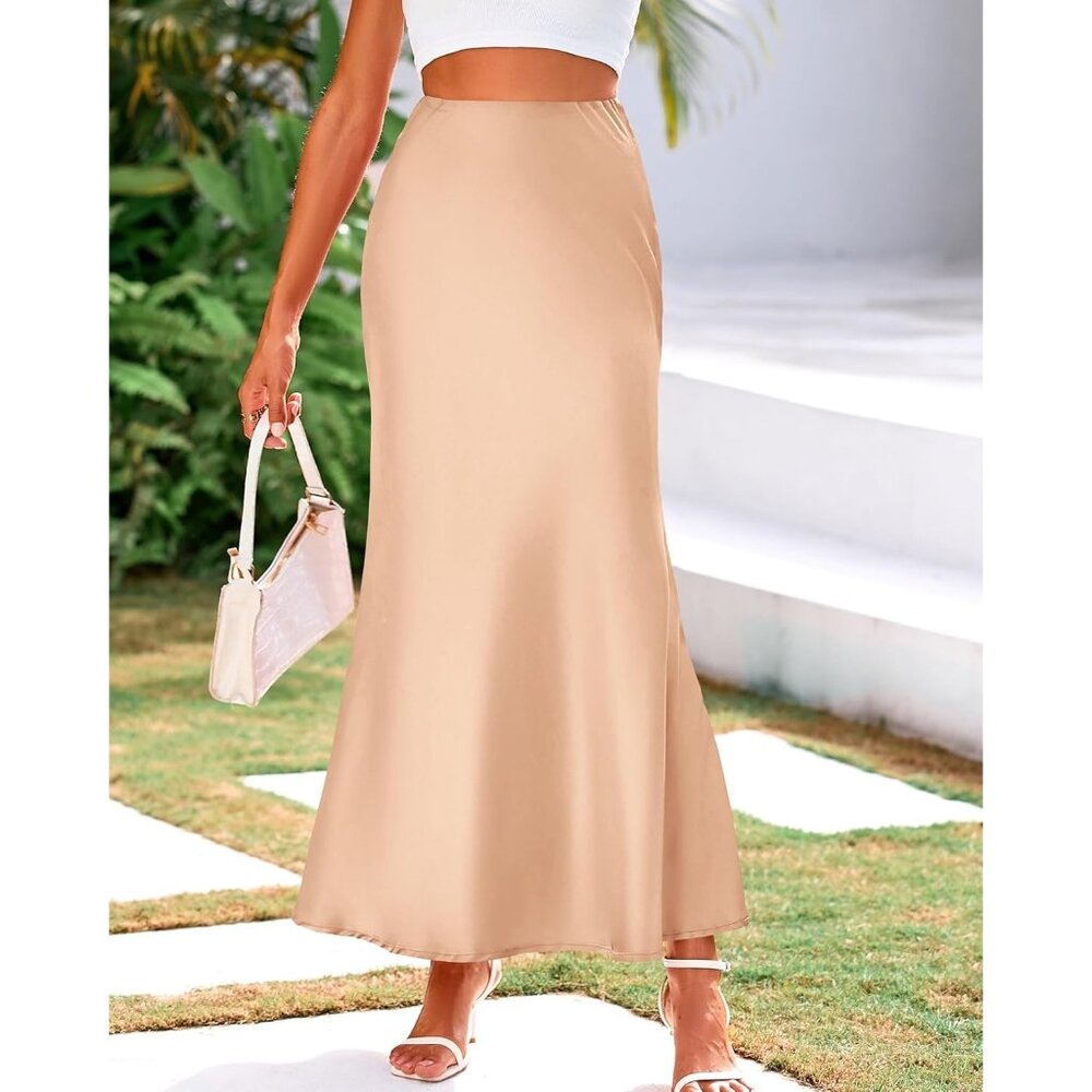 Women's Champagne Spring Silk Casual Waisted Cocktail Guest Mermaid Maxi Skirt - Picture 5 of 6